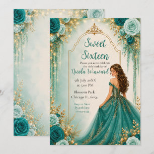 Deep Teal Green and Gold Floral Sweet Sixteen Invitation