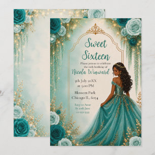 Deep Teal Green and Gold Floral Sweet Sixteen Invitation