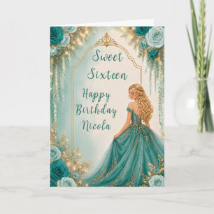 Deep Teal Green Floral Sweet Sixteen Party Card