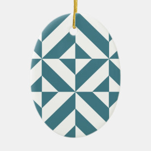 Deep Teal Green Geometric Deco Cube Pattern Ceramic Tree Decoration