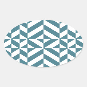 Deep Teal Green Geometric Deco Cube Pattern Oval Sticker