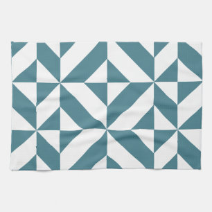 Deep Teal Green Geometric Deco Cube Pattern Tea Towel