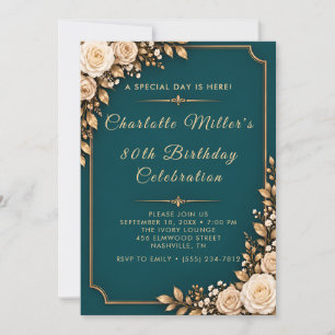 Deep Teal Ivory Roses 80th Birthday Invitation