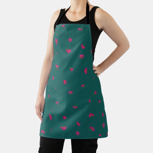 Deep Teal Japanese Deep Pink Cosmos Floral Pattern Apron (Insitu)