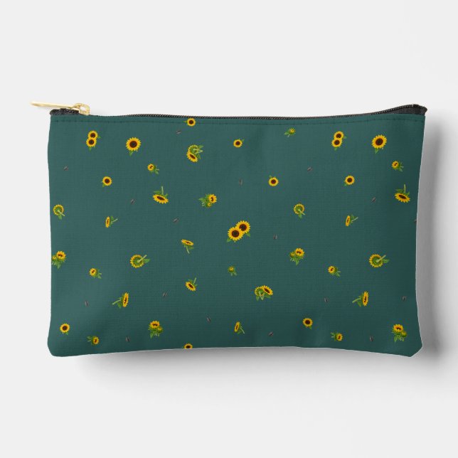 Deep Teal Japanese Sunflower Floral Pattern Accessory Pouch (Front)
