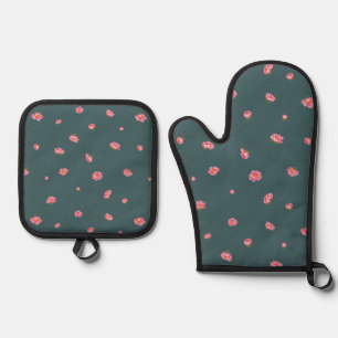 Deep Teal Japanese Winter Peony Floral Pattern Oven Mitt & Pot Holder Set