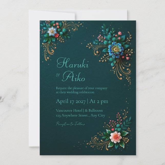 Deep Teal Jewel Floral Wedding Invitation (Front)