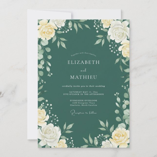 Deep Teal Leafy Wedding Invitation (Front)