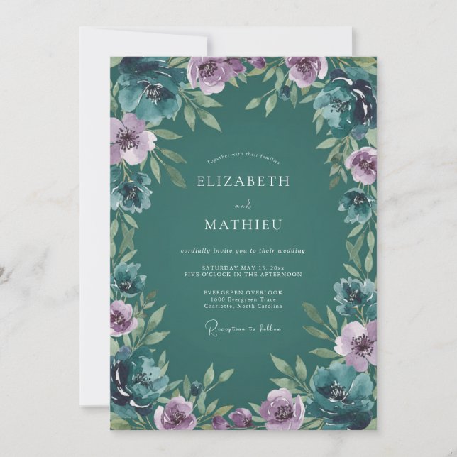 Deep Teal Lustrous Botanical Wedding Invitation (Front)