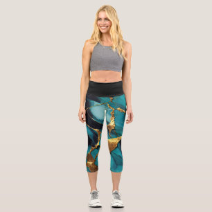 Deep Teal Marble with Bold Gold Veins Capri Leggings