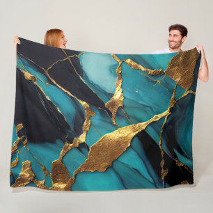 Deep Teal Marble with Bold Gold Veins Fleece Blanket