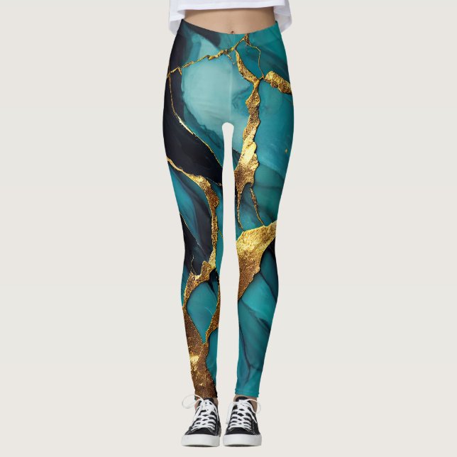 Deep Teal Marble with Bold Gold Veins Leggings (Front)