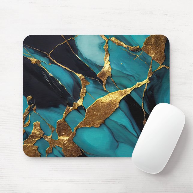 Deep Teal Marble with Bold Gold Veins Mouse Pad (With Mouse)