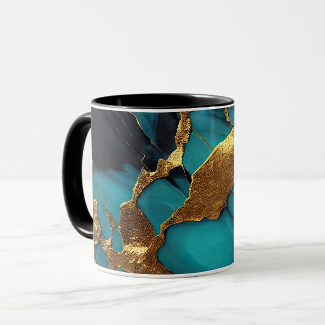 Deep Teal Marble with Bold Gold Veins Mug (Front Left)