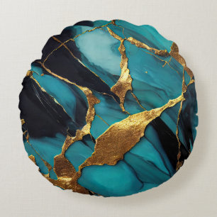 Deep Teal Marble with Bold Gold Veins Round Cushion