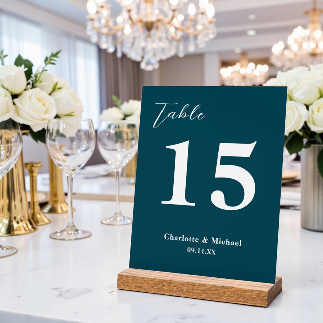 Deep Teal Minimalist Wedding Table Number Acrylic Sign (Creator Uploaded)