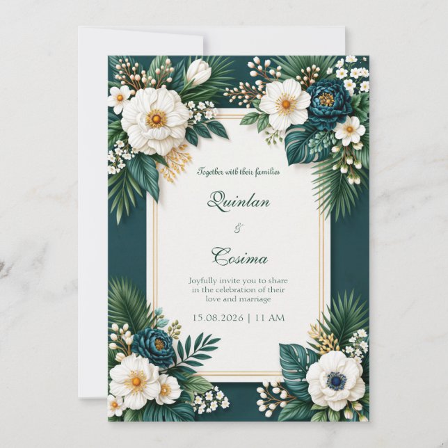 Deep Teal Peony Emerald Tropical Border Wedding Invitation (Front)
