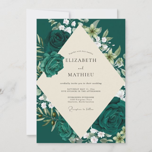 Deep Teal Rose Wedding Invitation (Front)