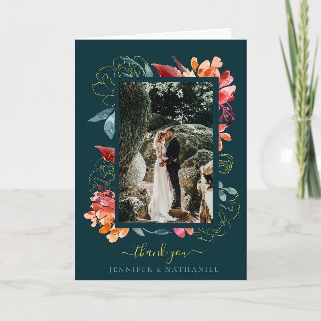 Deep Teal Rust Watercolor Floral Wedding Photo Thank You Card (Front)