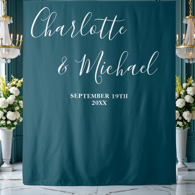 Deep Teal Script Minimalist Wedding Backdrop Tapestry (Creator Uploaded)
