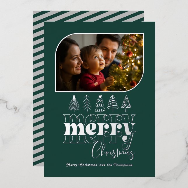Deep Teal & Silver Retro Doodle Christmas Photo (Front/Back)