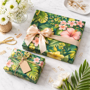 Deep Teal Tropical Hibiscus Floral Wrapping Paper