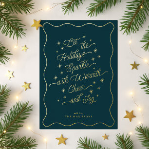 Deep Teal Wavy Border Sparkle Modern Holiday card