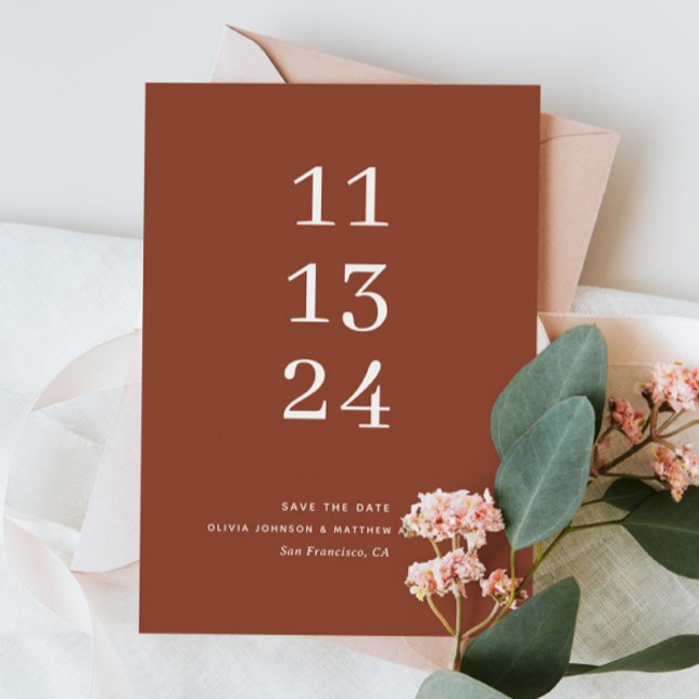 Deep Terracotta Fall Wedding. Minimalist Rust Clay Save The Date (Creator Uploaded)