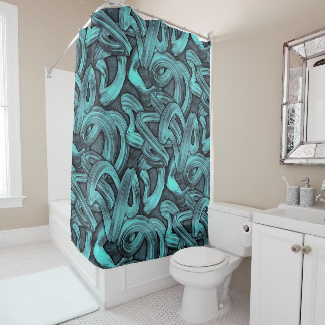 deep thought - black and teal : shower curtain (In Situ)