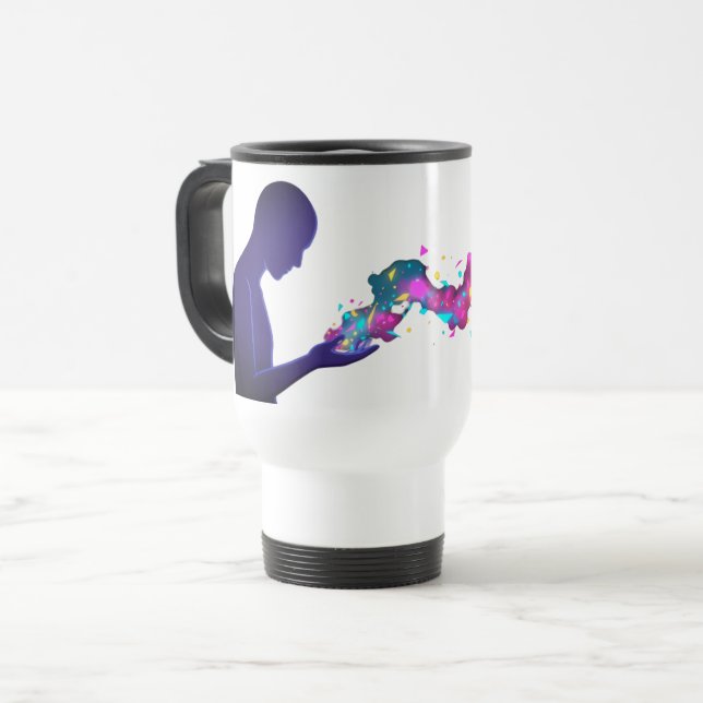 Deep Thoughts with Hand Dissolving into Star Travel Mug (Front Left)