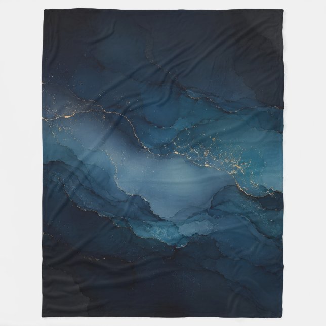 Deep Tide Teal Gold Ocean Abstract Fleece Blanket (Front)
