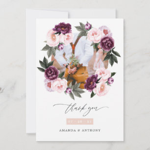 Deep Velvet and Blush Pink Floral Wedding Photo Thank You Card