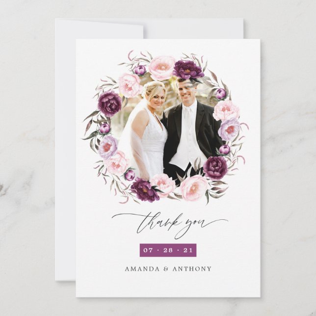 Deep Velvet and Blush Pink Floral Wedding Photo Thank You Card (Front)
