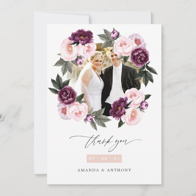 Deep Velvet and Blush Pink Floral Wedding Photo Thank You Card (Front)