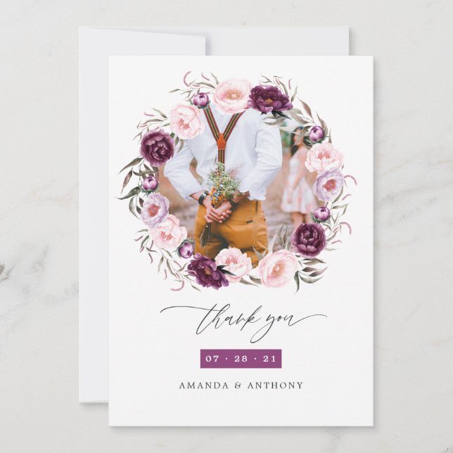 Deep Velvet and Blush Pink Floral Wedding Photo Thank You Card (Front)