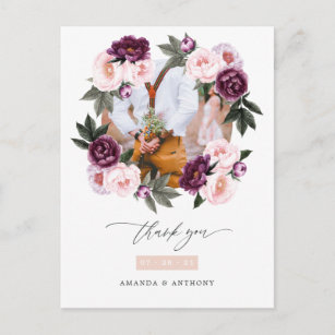 Deep Velvet & Blush Pink Floral Wedding Thank You Postcard