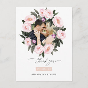 Deep Velvet & Blush Pink Floral Wedding Thank You Postcard