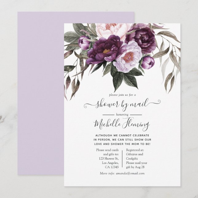 Deep Velvet Floral Baby Shower by Mail Invitation (Front/Back)
