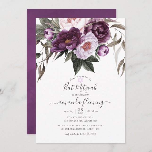 Deep Velvet Floral Bat Mitzvah Invitation (Front/Back)