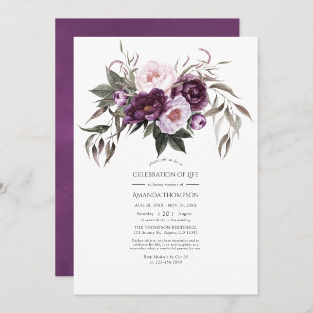 Deep Velvet Floral Celebration of Life Photo Invit Invitation (Front/Back)
