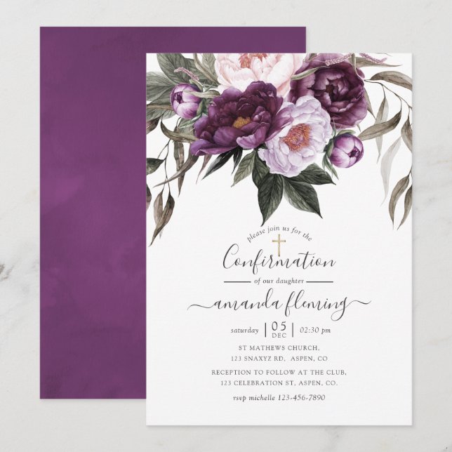 Deep Velvet Floral Confirmation Invitation (Front/Back)