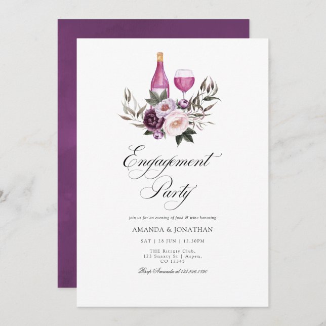Deep Velvet Floral Engagement Party Wine Tasting Invitation (Front/Back)