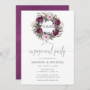 Deep Velvet Floral Monogram Engagement Party Invitation