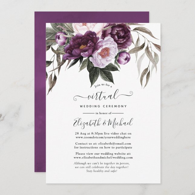 Deep Velvet Floral Online Virtual Wedding Invitation (Front/Back)