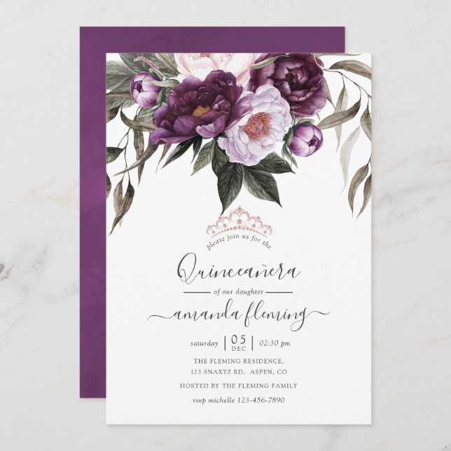 Deep Velvet Floral Quinceañera Invitation (Front/Back)