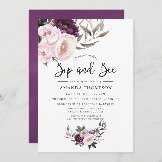 Deep Velvet Floral Sip and See Invitation (Front/Back)