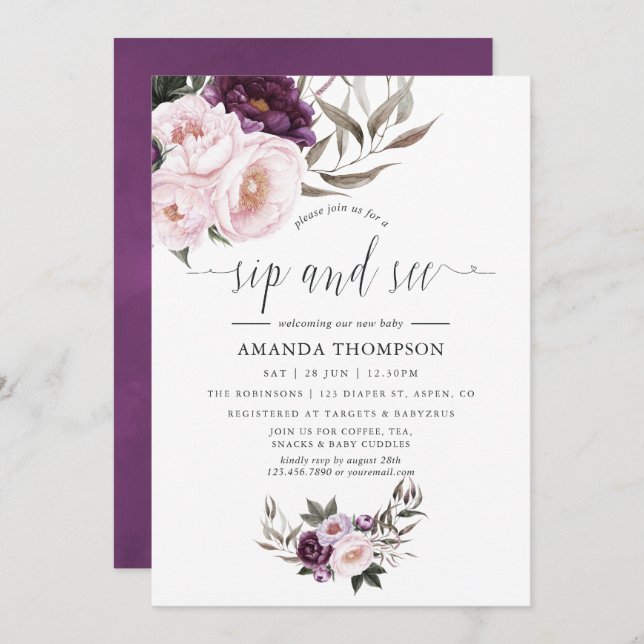 Deep Velvet Floral Sip and See Invitation (Front/Back)