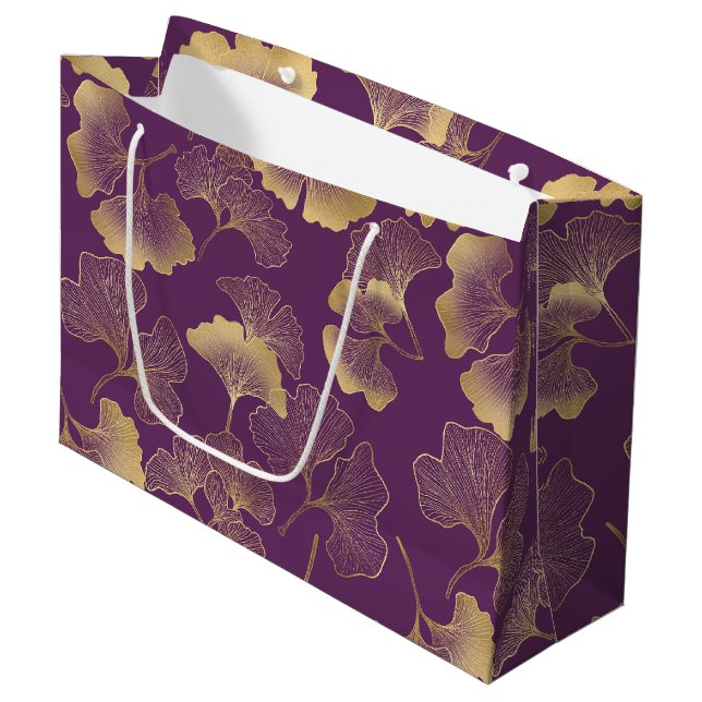 Deep Violet Gold Ginkgo Botanical Large Gift Bag (Front Angled)