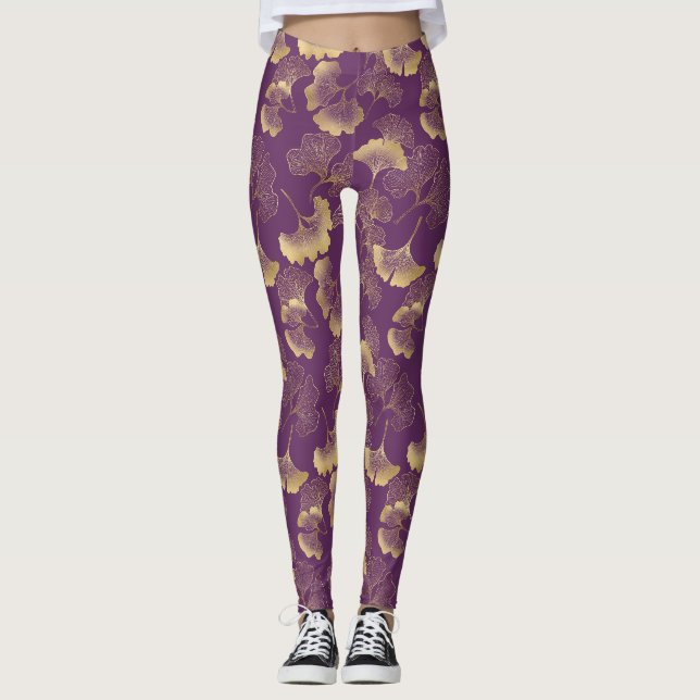 Deep Violet Gold Ginkgo Botanical Leggings (Front)