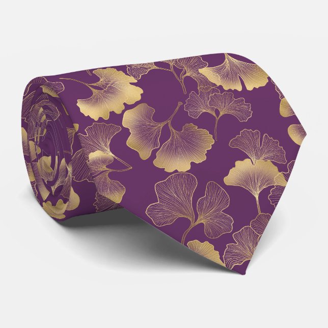 Deep Violet Gold Ginkgo Botanical Tie (Rolled)